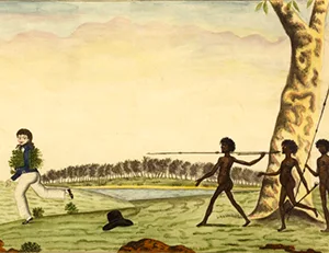 Aborigines  with spears chasing a European away