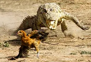 Crocodile galloping after chicken