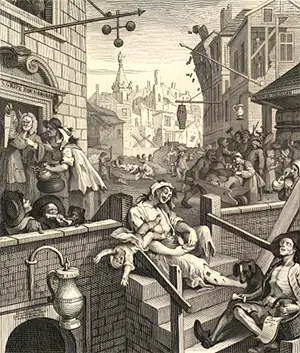 Poor people in Gin Lane in London