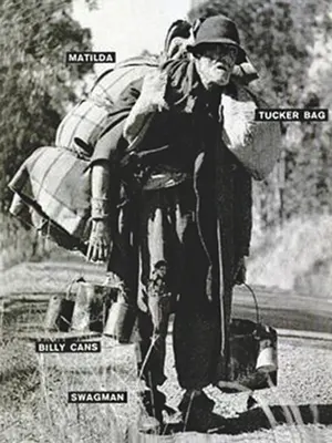 Vintage photo of an Australian Swagman with matilda, billy can and tucker bag